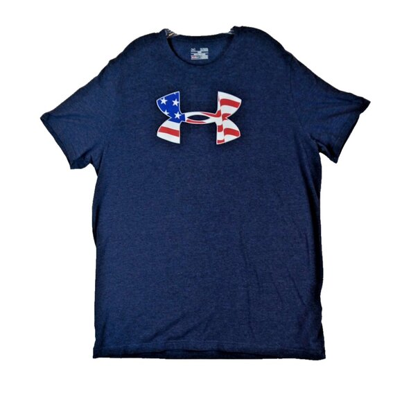 Under Armour T Shirt Mens XL Blue Loose HeatGear Sports AMERICAN FLAG Logo - Picture 11 of 11